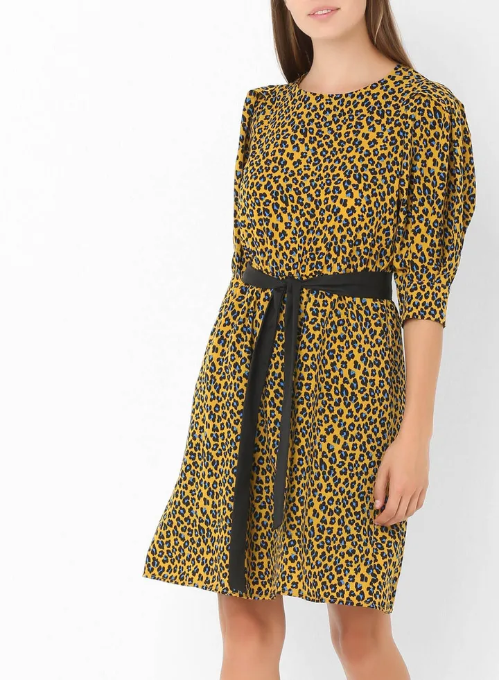 Animal Print Belted Dress Yellow/Black