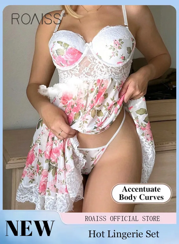 Ladies Sleepwear Floral Print Contrast Lace Nightgown and Panty Set for Women