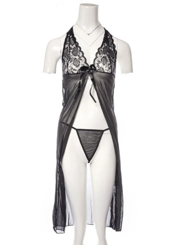 Women Lace Maxi Dress Pajamas Underwear Black