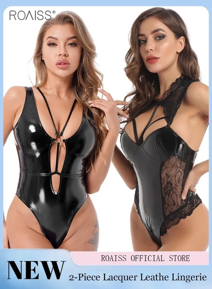 2-Piece One Piece Lace Patent Leather Cut-Out Jumpsuit Wife Girlfriend Tight Design Night Nightwear