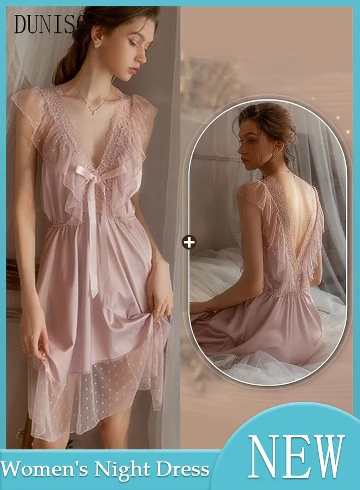 Women's Sleeveless Nightgown Sweet Silk Night Dress Lace V neck Pajama Dress Sleepwear Girls Comfortable Nightwear Summer Home Wear Lounge Dress