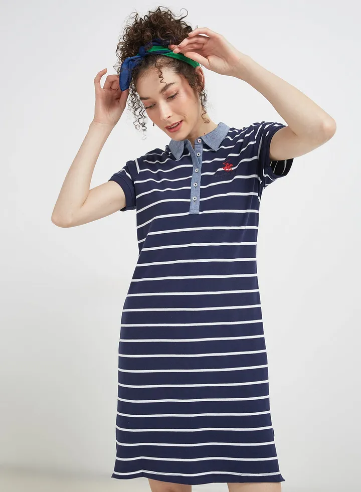 Yarn Dye Stripe Stretch Pique Polo Dress Navy Blue