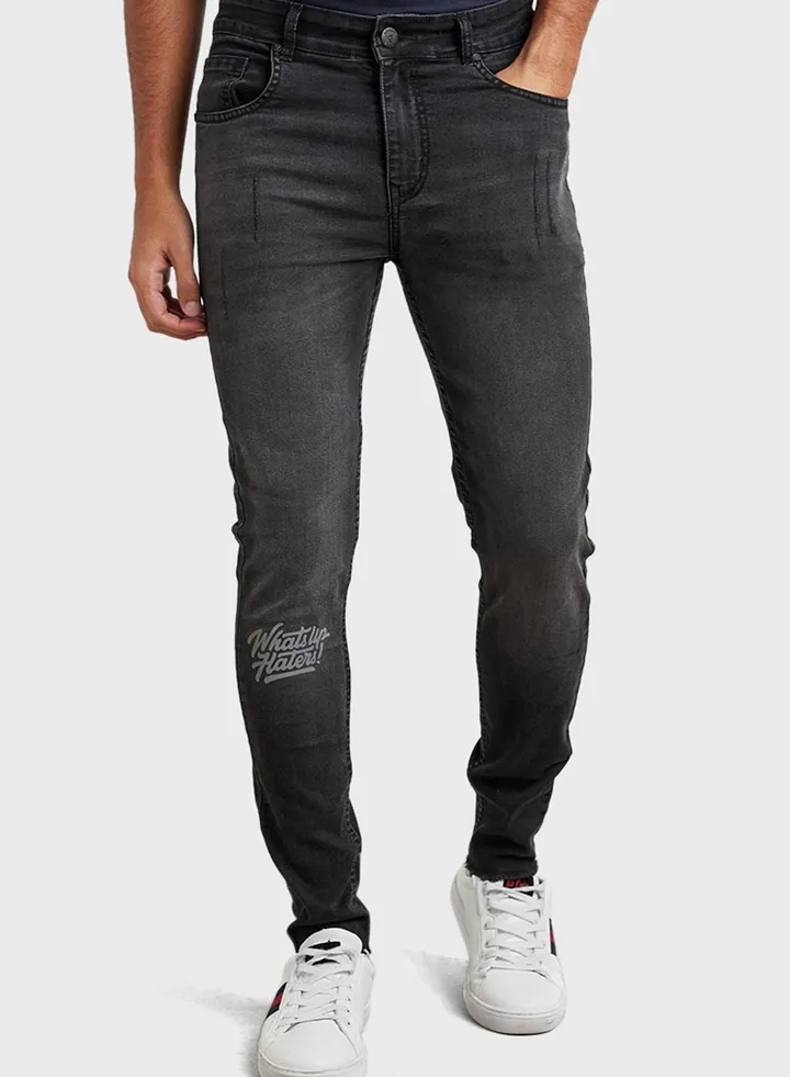 Reflective Sticker Print Washed Skinny Denim