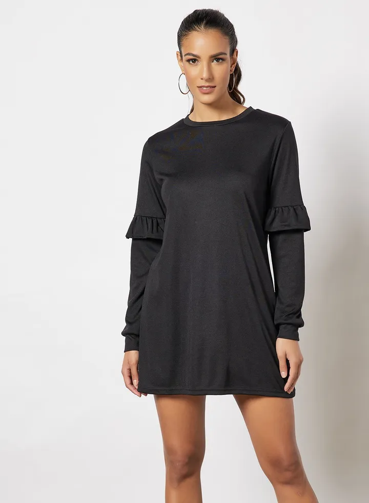 Tiered Sleeve Solid Dress Black