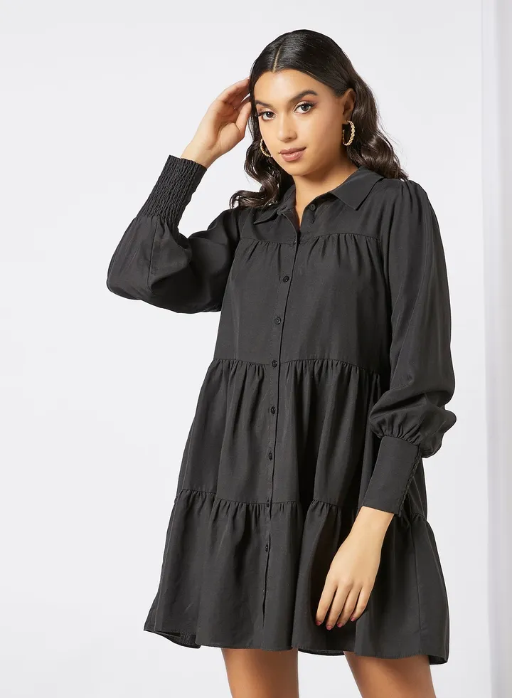 Monica Tiered Shirt Dress Black