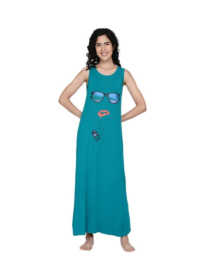 Printed Super Soft Sleeveless Night Gown Teal Green