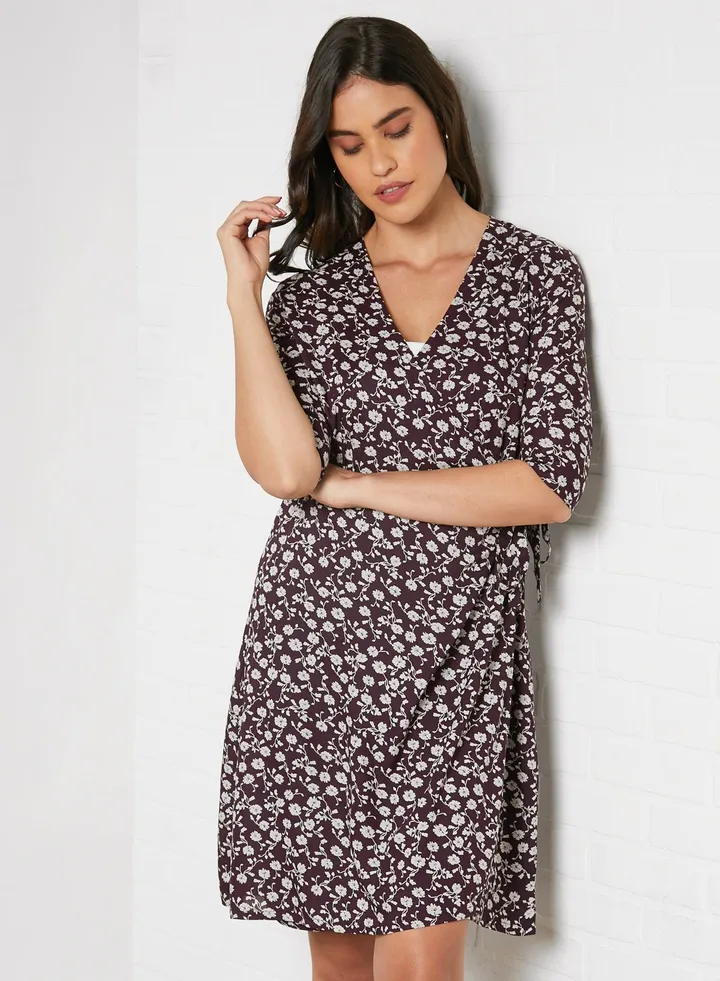 Side Tie Floral Printed Dress Burgandy/White