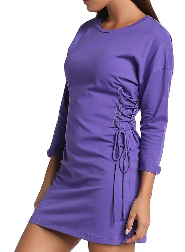Side Lace Roll-Up Sleeve Dress Purple