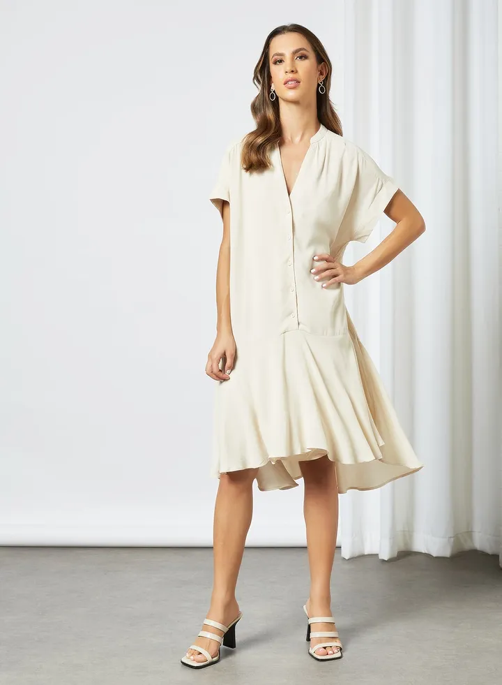 Ruffled Hem Shirt Dress Beige