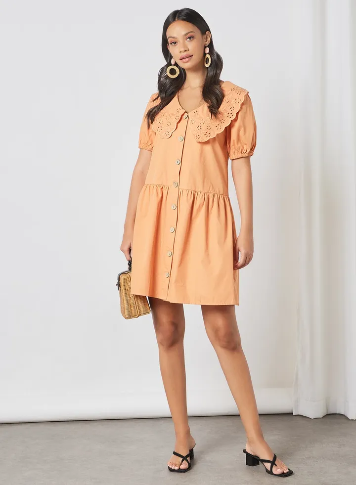 Broderie Collar Shirt Dress Orange