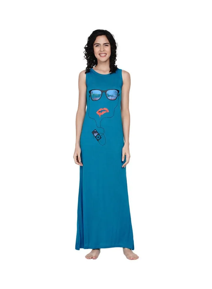 Printed Super Soft Sleeveless Night Gown Blue