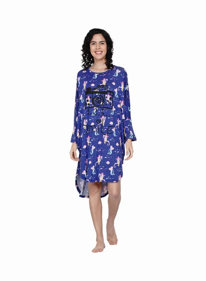 Loose Fit Knee Length Night Gown Blue