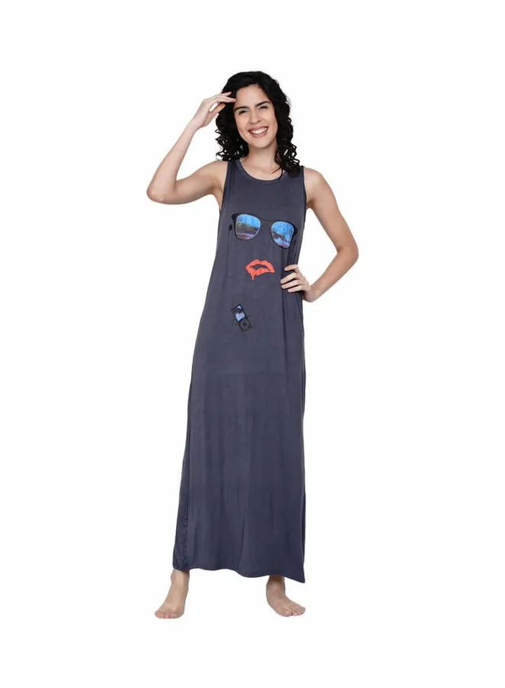 Printed Super Soft Sleeveless Night Gown Grey