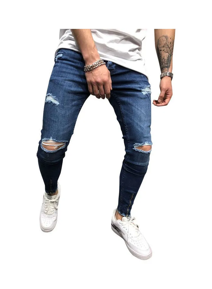 Destressed Solid Jeans Dark Blue