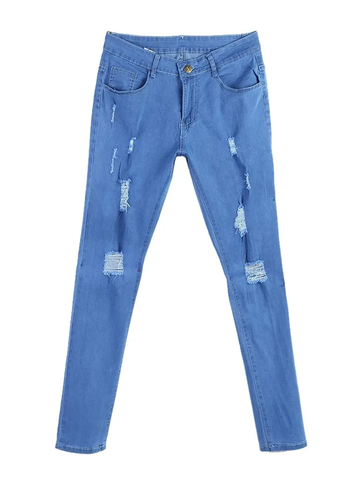 Men Casual Ripped Hole Denim Skinny Slight Stretch Pencil Jeans Blue