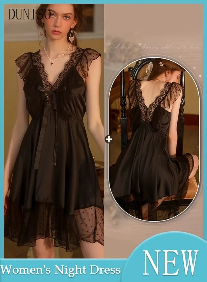 Women's Sleeveless Nightgown Sweet Silk Night Dress Lace V neck Pajama Dress Sleepwear Girls Comfortable Nightwear Summer Home Wear Lounge Dress