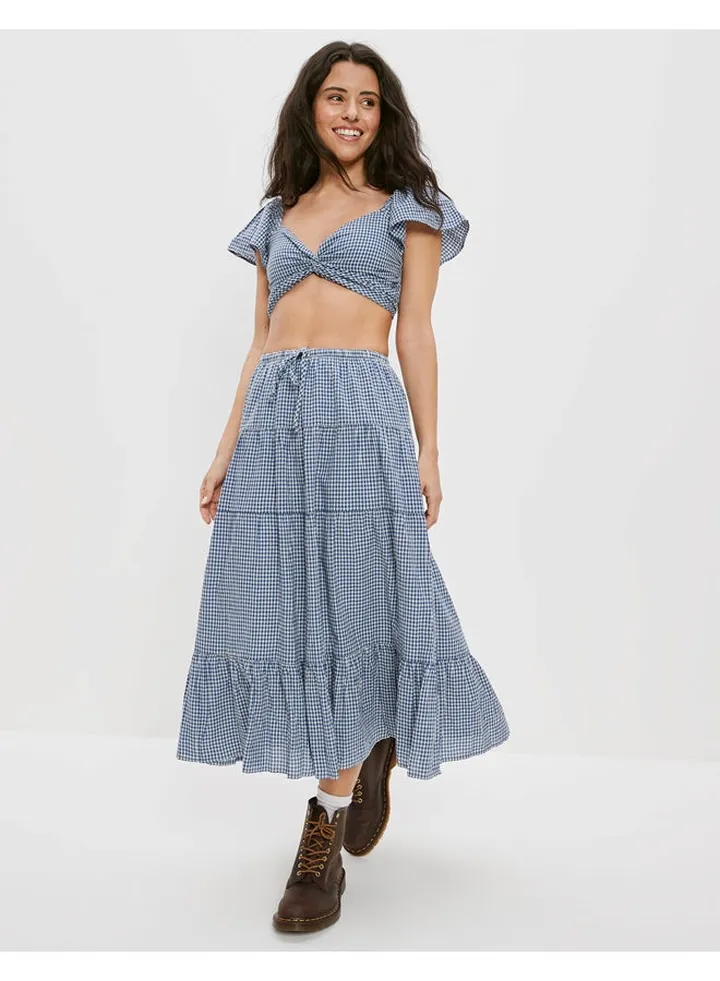 AE Gingham Tiered Midi Skirt