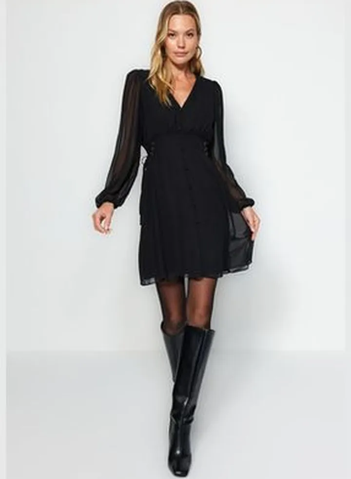 Black Eyelet Detail and Buttons Lined Chiffon Woven Dress TWOAW24EL00348.