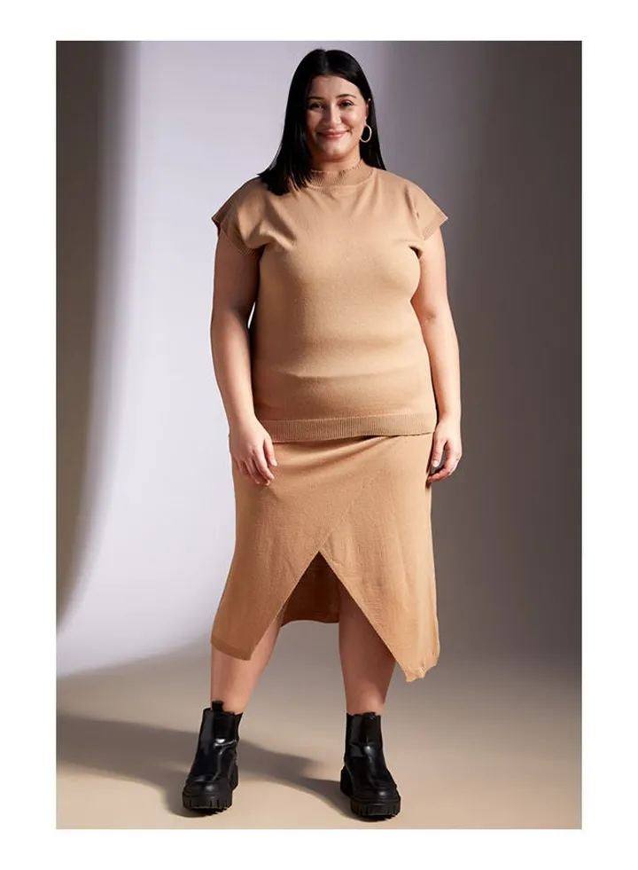 Woman Slim Fit Elasticated Waist Big Size Midi Skirt Beige