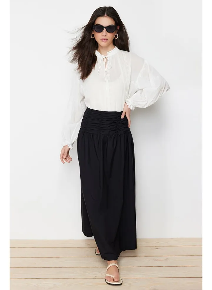 Black High Waisted Gathered Long Woven Skirt TCTSS24EE00001