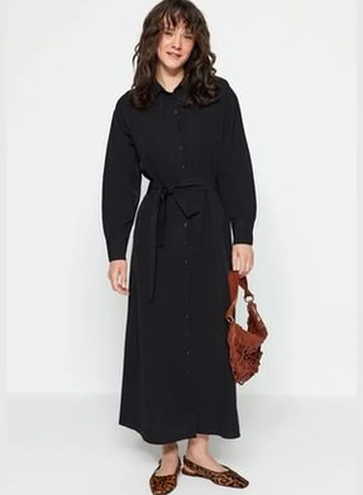 Black Belted Knitted Cotton Shirt Dress With Cuffs TCTSS23EB00072