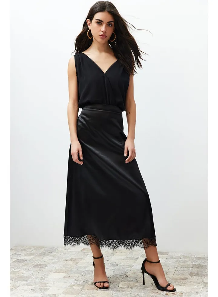 Black Satin Skirt with Lace Detail Midi Woven Skirt TWOSS24ET00101