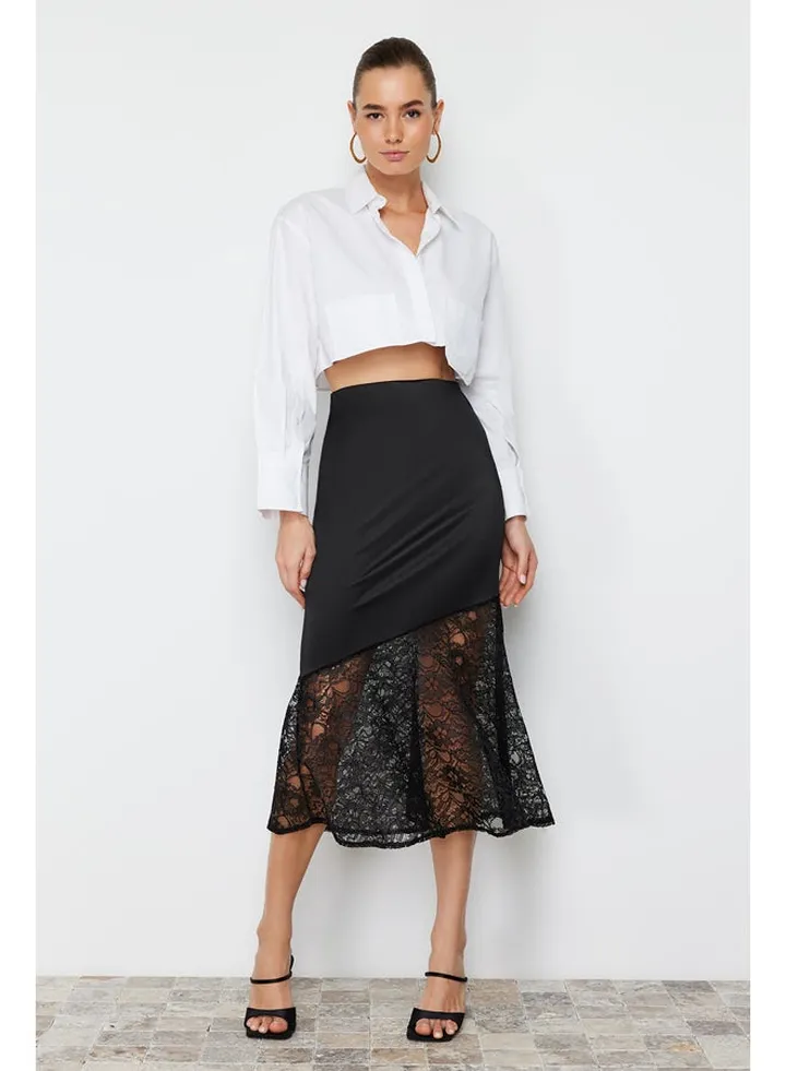 Black Lace Detail Satin Skirt TWOSS24ET00091