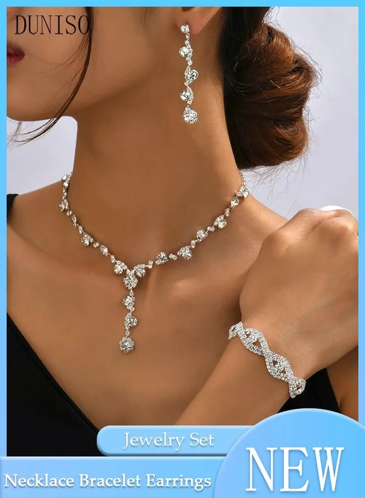 3 Piece Necklace Bracelet and Earrings Set Full Diamond Necklace Pendant Crystal Earrings Wedding Bridal Bridesmaid Costume Jewelry Set for Women and Girls Dress Accessories