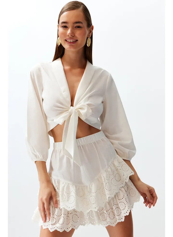 White Mini Woven Ruffle 100% Cotton Skirt TBESS24ET00004