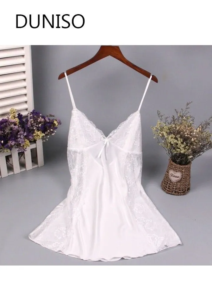 Women Satin Lace Lingerie V Neck Sleeveless Pajama Dress Nightgown Sleepwear Chest Pad Mini Slip Chemise Short Nightwear L