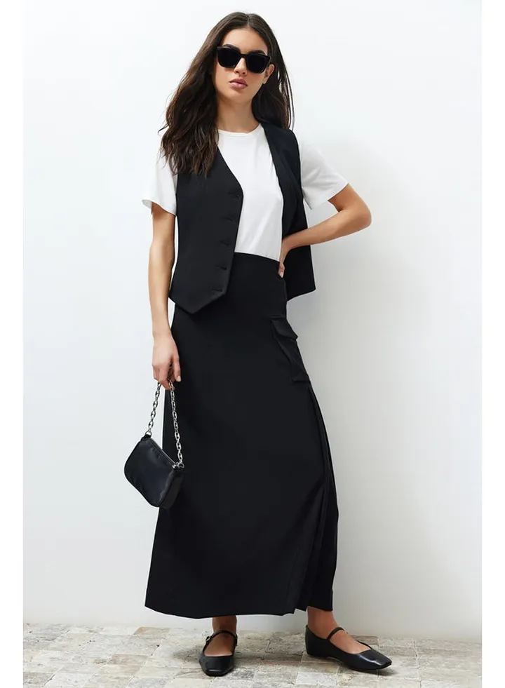 Black Woven Fabric Long Pencil Skirt TCTSS24EE00000