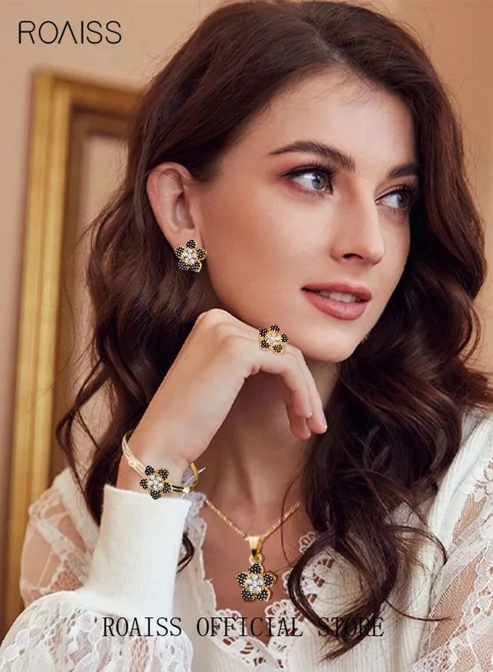 5pcs Rhinestone Floral Jewelry Set Glamorous Pendant Necklace Bangle Ring Studs Earrings for Women Girls Black/Gold