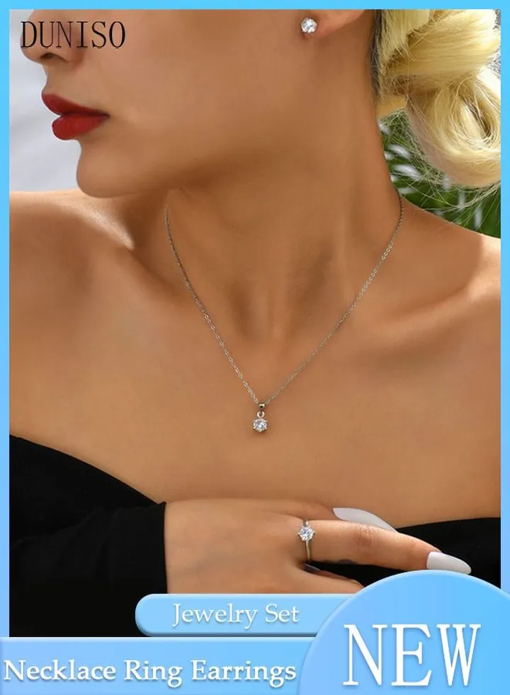3Piece Necklace Bracelet Earrings and Ring Set Full Diamond Necklace Pendant Crystal Earrings Wedding Bridal Bridesmaid Costume Jewelry Set for Women and Girls Dress Accessories