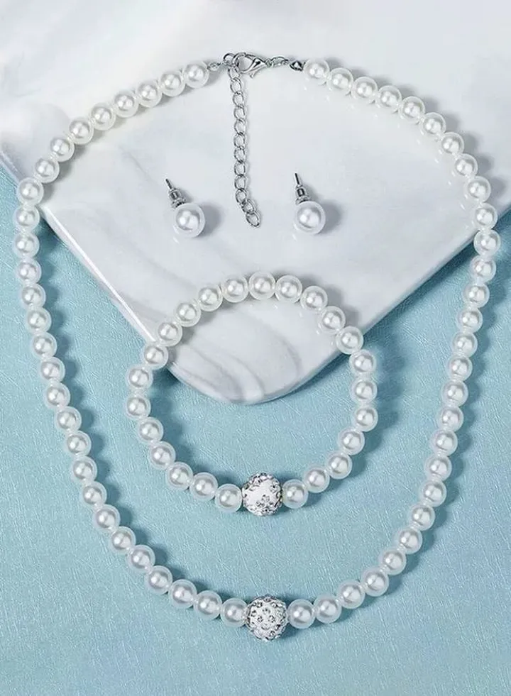 Faux Pearl Earrings, Bracelet & Necklace Jewelry Set