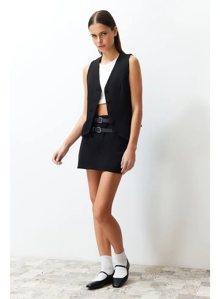 Black Belted Denim Skirt