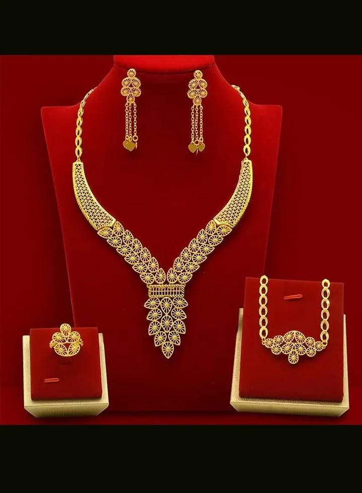 24k Gold-Plated Arabian Bride Necklace Earrings Ring Bracelet 4-Piece Jewelry Set