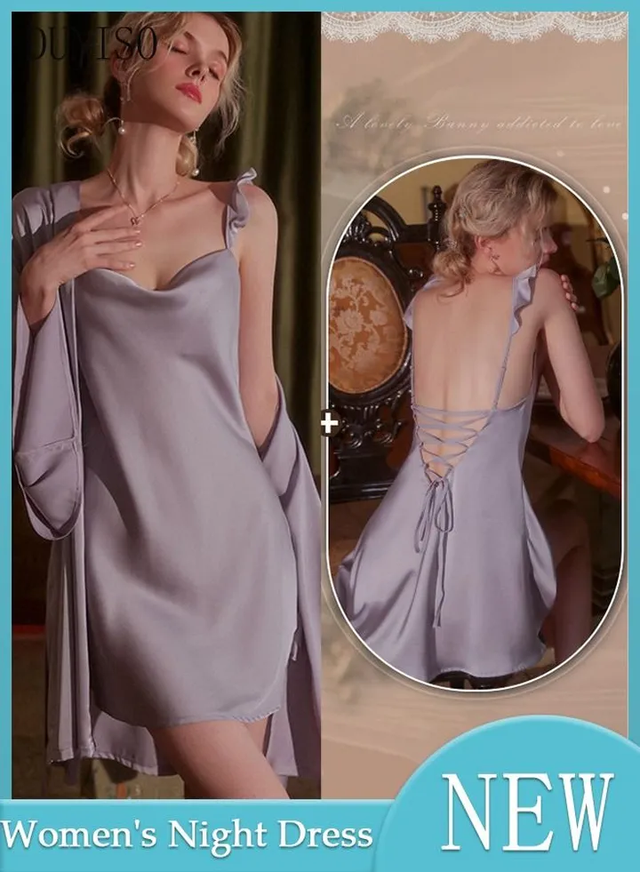 3-piece Women's Night Dress Set with Robe Waistband Sweet Silky Nightgown Solid Pajama Dress Sleepwear Girls Comfortable Nightwear Summer Home Wear Lounge Dress