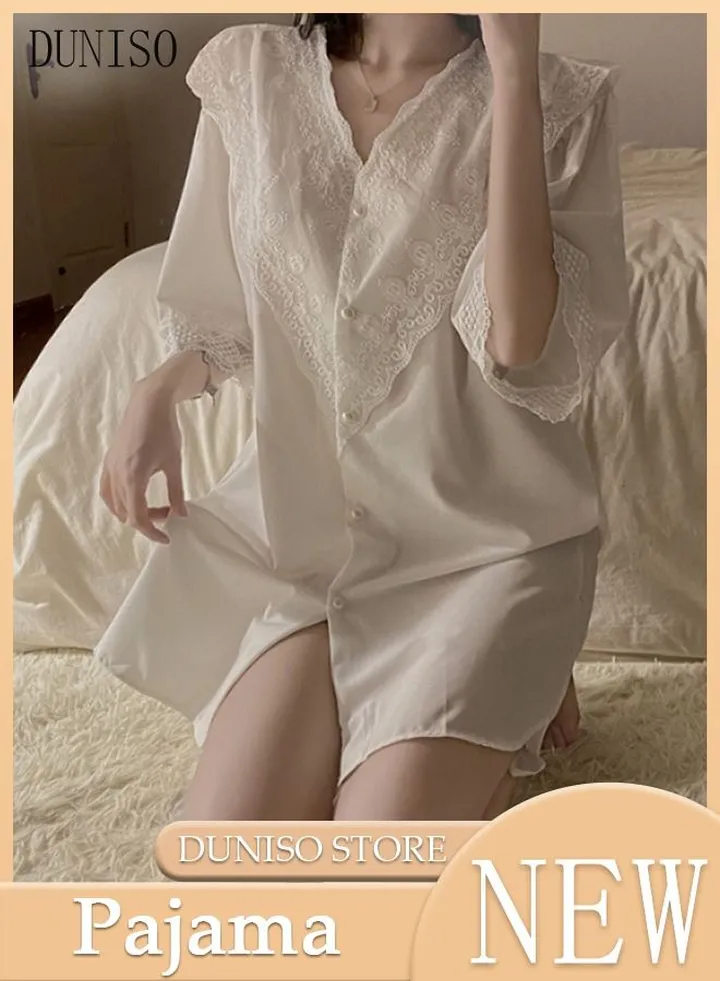 Women Soft Pajamas Dress Short Sleeve Silky Nightgown Night Dress Lace V Neck Sleepwear Loungewear Nightwear For Summer And Autumn Home Wear For Girl Friend