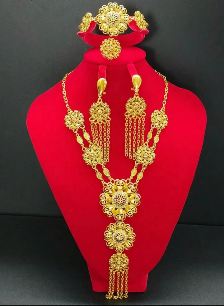 21k Gold Plated Necklace & Earrings & Bracelet & Ring Jewelry Set For Women
