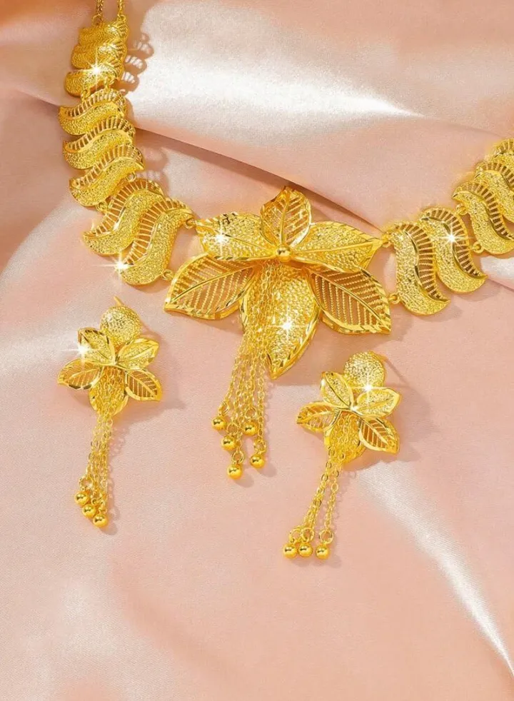 21k Gold Plated Necklace & Earrings & Ring Jewelry Set For Women