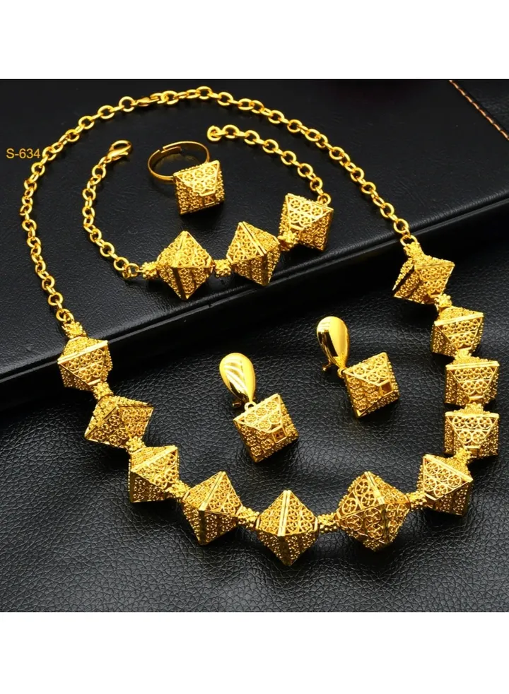 21k Gold Plated Necklace & Earrings & Bracelet & Ring Jewelry Set For Women