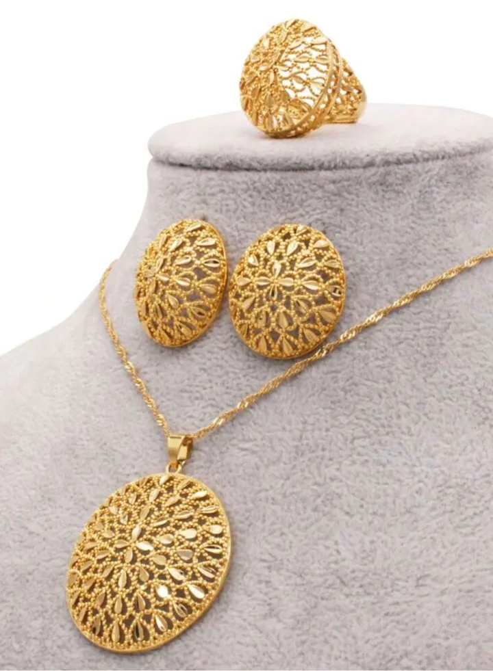 18k Gold Plated Necklace & Earrings & Ring Jewelry Set For Women
