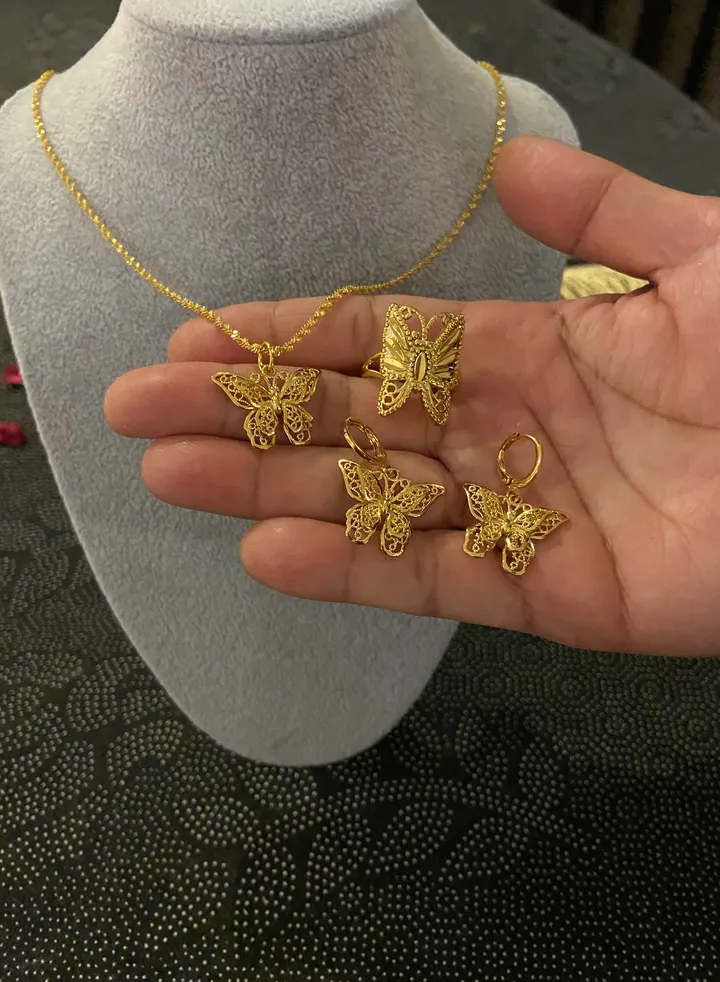 18k Gold Plated Necklace & Earrings & Ring Jewelry Set For Women