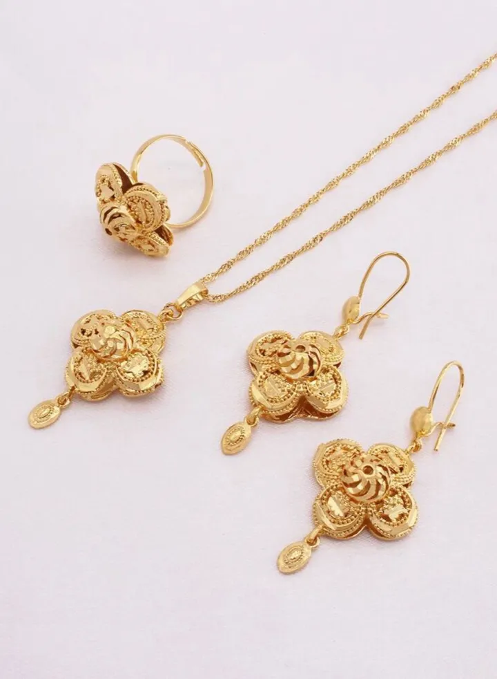 18k Gold Plated Necklace & Earrings & Ring Jewelry Set For Women