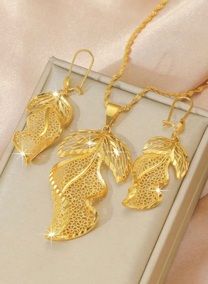 18k Gold Plated Necklace & Earrings Jewelry Set For Women