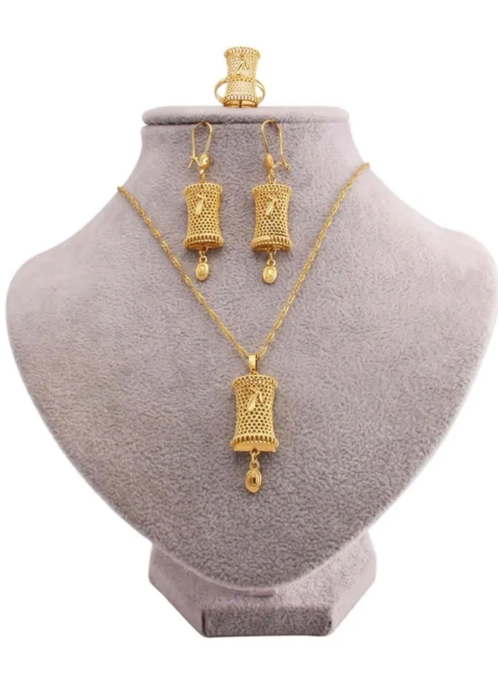 18k Gold Plated Necklace & Earrings & Ring Jewelry Set For Women