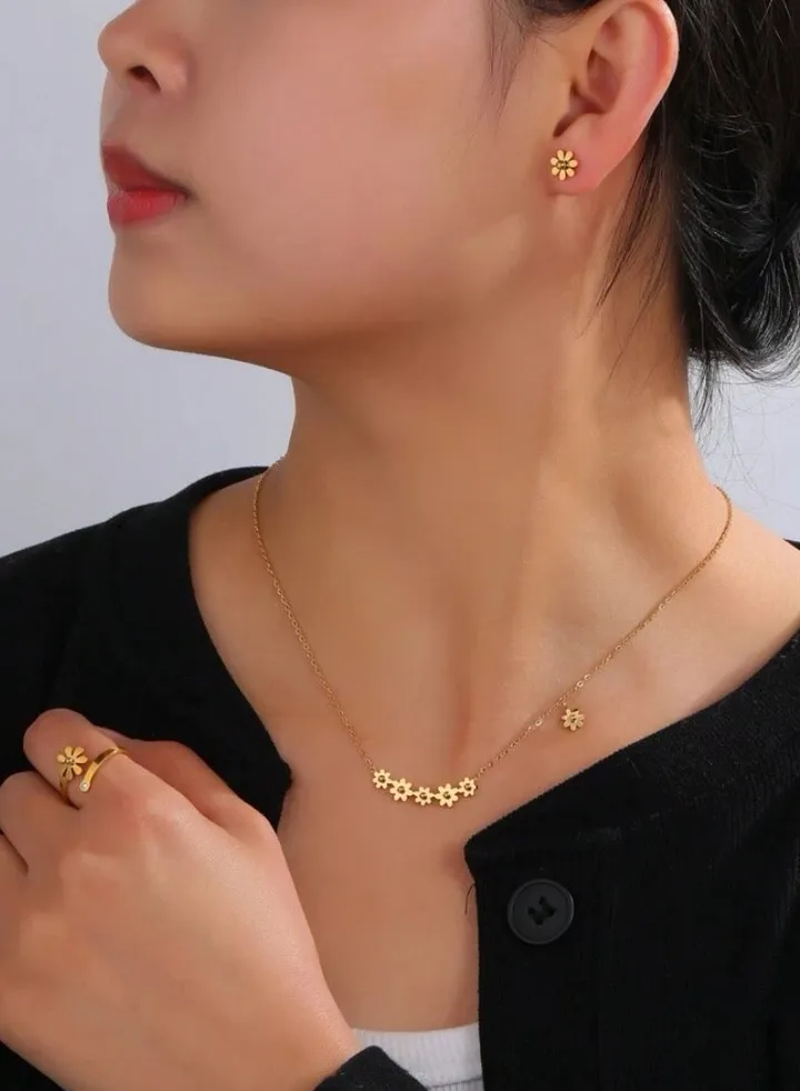 Gold Plated Stainless Steel Women's Necklace and Ring And Earrings Accessories Set