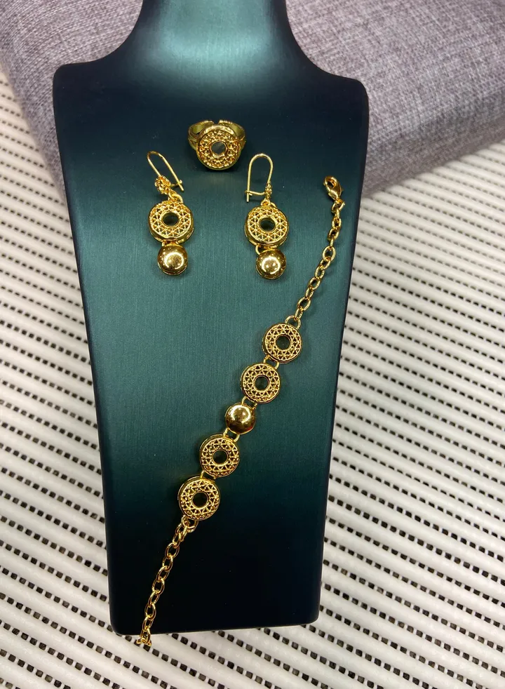 21k Gold Plated Earrings & Bracelet & Ring Jewelry Set For Women