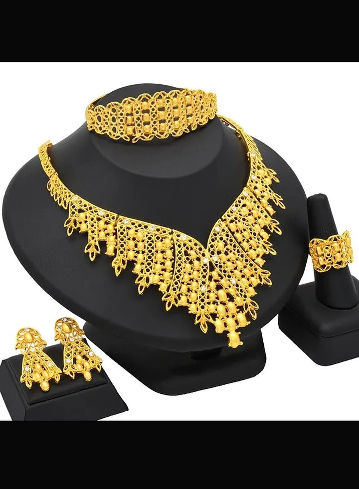 4 Piece Indian Sand Gold Bridal Jewelry Set for Women Necklace Bracelet Earrings and Ring with Inlaid Gemstones