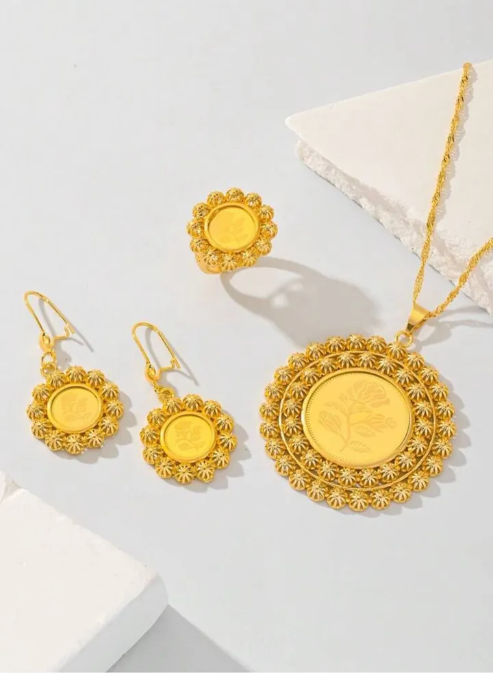 21k Gold Plated Necklace & Earrings & Ring Jewelry Set For Women